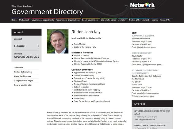 Government Directory - John Key page